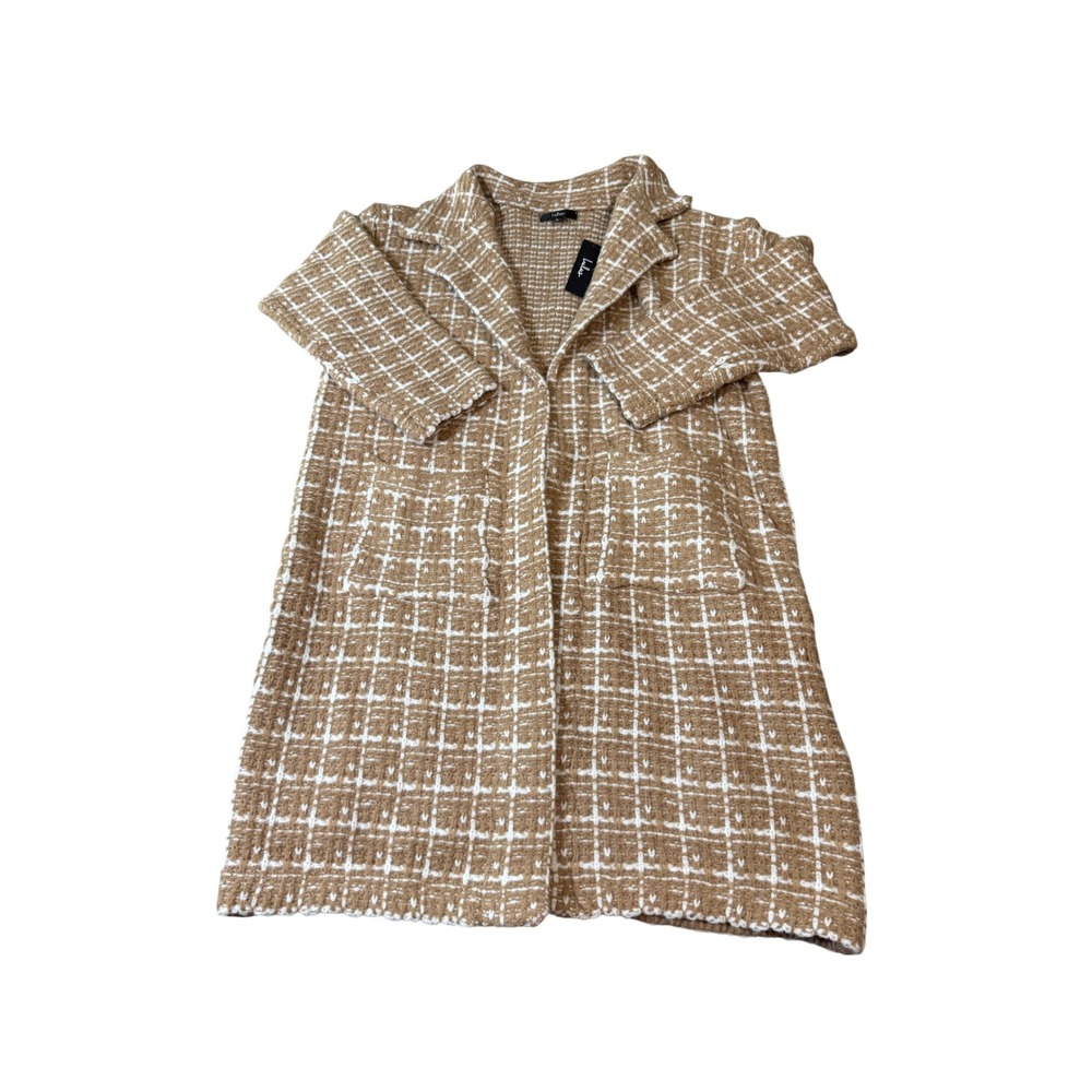 NWT Lulus Size Medium Cozy Conditions Tan White Knit Plaid Coatigan Pockets - Picture 3 of 11